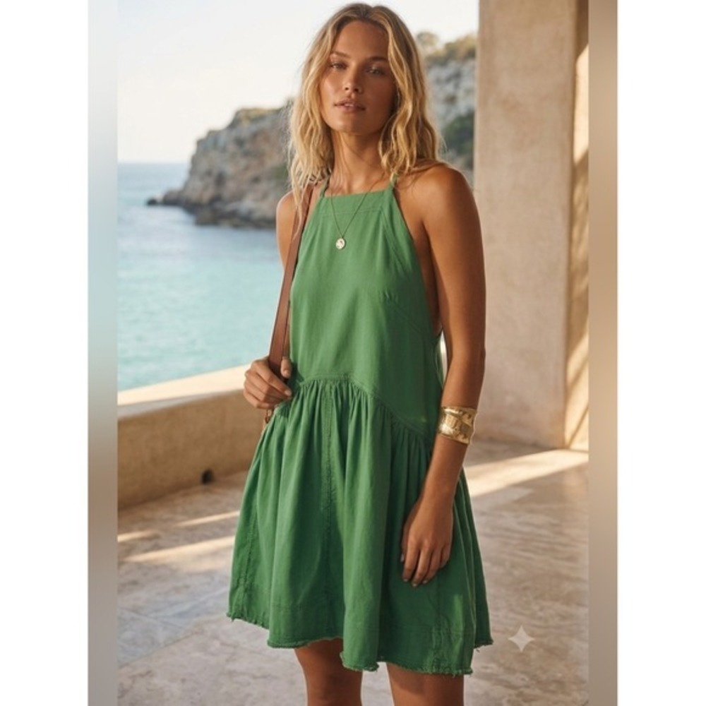 Pilcro by Anthropologie Green Cotton  Mini Dress S Boho Chic Coastal Garde Party